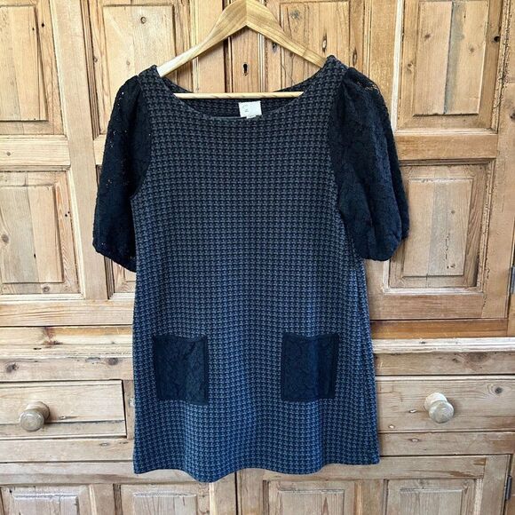 Postmark Anthropologie Small Gray Black Tunic Dress Tweed‎ Lace Blouse Mini - Picture 1 of 11